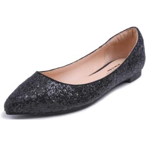 image:imageFEVERSOLE Womens Macaroon Colorful Memory Foam Cushion Insock Patent Ballet FlatGlitter Black Pointed
