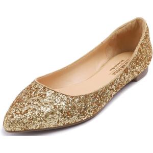 image:imageFEVERSOLE Womens Macaroon Colorful Memory Foam Cushion Insock Patent Ballet FlatGlitter Gold Pointed