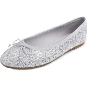 image:imageFEVERSOLE Womens Macaroon Colorful Memory Foam Cushion Insock Patent Ballet FlatGlitter Ice Silver