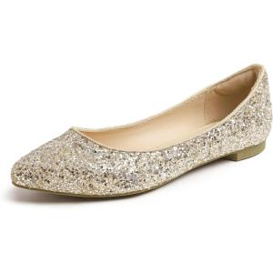 image:imageFEVERSOLE Womens Macaroon Colorful Memory Foam Cushion Insock Patent Ballet FlatGlitter Light Gold Pointed