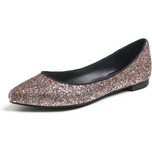 image:imageFEVERSOLE Womens Macaroon Colorful Memory Foam Cushion Insock Patent Ballet FlatGlitter Multi Black Pointed