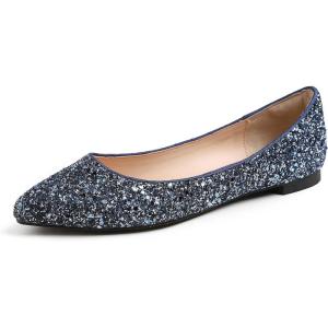 image:imageFEVERSOLE Womens Macaroon Colorful Memory Foam Cushion Insock Patent Ballet FlatGlitter Night Blue Pointed