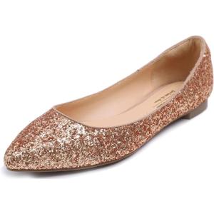 image:imageFEVERSOLE Womens Macaroon Colorful Memory Foam Cushion Insock Patent Ballet FlatGlitter Rose Gold Pointed