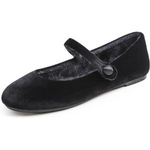 image:imageFEVERSOLE Womens Mary Jane Fashion Round Toe Easy Buckle Slip On FlatsMaryjane Black Velvet Fur Lined