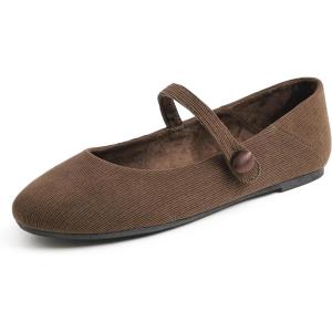 image:imageFEVERSOLE Womens Mary Jane Fashion Round Toe Easy Buckle Slip On FlatsMaryjane Brown Corduroy