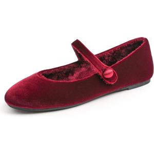 image:imageFEVERSOLE Womens Mary Jane Fashion Round Toe Easy Buckle Slip On FlatsMaryjane Burgundy Velvet Fur Lined