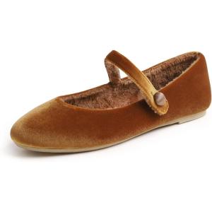 image:imageFEVERSOLE Womens Mary Jane Fashion Round Toe Easy Buckle Slip On FlatsMaryjane Camel Brown Velvet Fur Lined