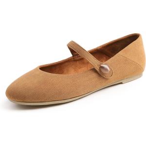 image:imageFEVERSOLE Womens Mary Jane Fashion Round Toe Easy Buckle Slip On FlatsMaryjane Camel Corduroy