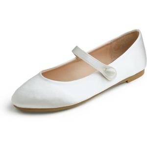 image:imageFEVERSOLE Womens Mary Jane Fashion Round Toe Easy Buckle Slip On FlatsMaryjane White Satin