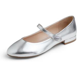 image:imageFEVERSOLE Womens Mary Jane Fashion Round Toe Low Heel Slip On FlatsMaryjane Silver Vegan Flat Heel