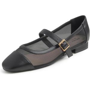 image:imageFEVERSOLE Womens Mary Jane Fashion Square Toe Easy Buckle Low Heel Slip On FlatsSq Maryjane Black Mesh Stack Heel