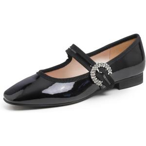 image:imageFEVERSOLE Womens Mary Jane Fashion Square Toe Easy Buckle Low Heel Slip On FlatsSq Maryjane Black Patent Vegan Leather Rhinestone Buckle Low Heel