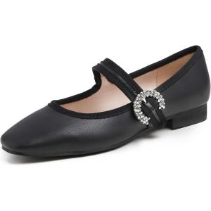 image:imageFEVERSOLE Womens Mary Jane Fashion Square Toe Easy Buckle Low Heel Slip On FlatsSq Maryjane Black Vegan Leather Rhinestone Buckle Low Heel