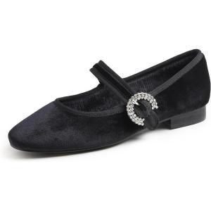 image:imageFEVERSOLE Womens Mary Jane Fashion Square Toe Easy Buckle Low Heel Slip On FlatsSq Maryjane Black Velvet Fur Lined Rhinestone Buckle