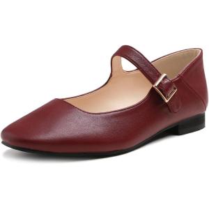 image:imageFEVERSOLE Womens Mary Jane Fashion Square Toe Easy Buckle Low Heel Slip On FlatsSq Maryjane Burgundy Red Vegan Stack Heel