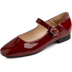 image:imageFEVERSOLE Womens Mary Jane Fashion Square Toe Easy Buckle Low Heel Slip On FlatsSq Maryjane Burgundy Vegan Patent Stack Heel