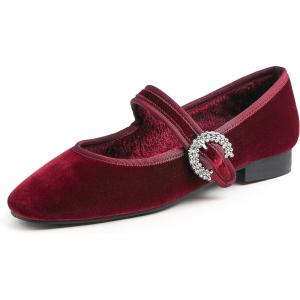 image:imageFEVERSOLE Womens Mary Jane Fashion Square Toe Easy Buckle Low Heel Slip On FlatsSq Maryjane Burgundy Velvet Fur Lined Rhinestone Buckle