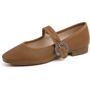 image:imageFEVERSOLE Womens Mary Jane Fashion Square Toe Easy Buckle Low Heel Slip On FlatsSq Maryjane Camel Vegan Leather Rhinestone Buckle Low Heel