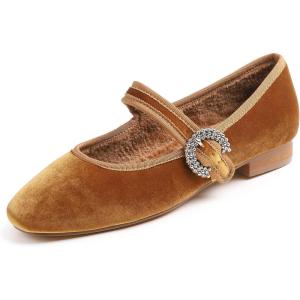 image:imageFEVERSOLE Womens Mary Jane Fashion Square Toe Easy Buckle Low Heel Slip On FlatsSq Maryjane Camel Velvet Fur Lined Rhinestone Buckle