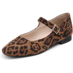 image:imageFEVERSOLE Womens Mary Jane Fashion Square Toe Easy Buckle Low Heel Slip On FlatsSq Maryjane Leopard Vegan Suede Stack Heel