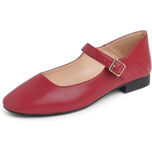 image:imageFEVERSOLE Womens Mary Jane Fashion Square Toe Easy Buckle Low Heel Slip On FlatsSq Maryjane Retro Red Vegan Stack Heel