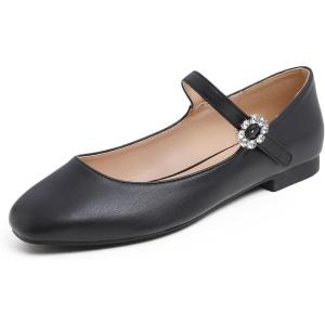 image:imageFEVERSOLE Womens Mary Jane Fashion Square Toe Easy Buckle Slip On FlatsSq Maryjane Black Vegan Leather Flat