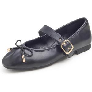 image:imageFEVERSOLE Womens Mary Jane Fashion Square Toe Easy Buckle Slip On FlatsSq Maryjane Black Vegan Leather Wrinkle Bow Deco