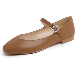 image:imageFEVERSOLE Womens Mary Jane Fashion Square Toe Easy Buckle Slip On FlatsSq Maryjane Camel Vegan Leather Flat