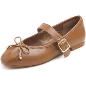 image:imageFEVERSOLE Womens Mary Jane Fashion Square Toe Easy Buckle Slip On FlatsSq Maryjane Camel Vegan Leather Wrinkle Bow Deco