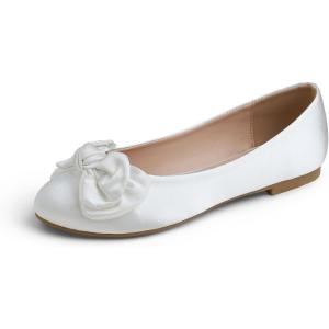 image:imageFEVERSOLE Womens Round Toe Soft Fashion Bow Tie Dress Ballet FlatsWhite Satin Twist Bow