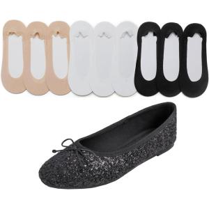 image:imageFEVERSOLE Womens Shiny Ballet Flat Glitter Black Size 6 M US Bound with No Show Socks Women Low Cut Silky Thin Socks 3 Colors 9 Pairs