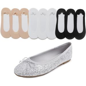 image:imageFEVERSOLE Womens Shiny Ballet Flat Glitter Ice Silver Size 8 M US Bound with No Show Socks Women Low Cut Silky Thin Socks 3 Colors 9 Pairs
