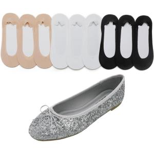 image:imageFEVERSOLE Womens Shiny Ballet Flat Glitter Silver Size 85 M US Bound with No Show Socks Women Low Cut Silky Thin Socks 3 Colors 9 Pairs