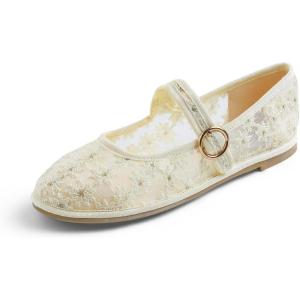 image:imageFEVERSOLE Womens Soft Classic Mary Jane Memory Foam Cushioned Comfort Round Toe Metal Buckle Flats Walking ShoesBeige Lace Flower Mary Jane With Round Buckle
