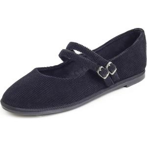 image:imageFEVERSOLE Womens Soft Classic Mary Jane Memory Foam Cushioned Comfort Round Toe Metal Buckle Flats Walking ShoesBlack Corduroy Mary Jane With Double Straps