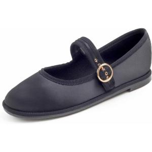 image:imageFEVERSOLE Womens Soft Classic Mary Jane Memory Foam Cushioned Comfort Round Toe Metal Buckle Flats Walking ShoesBlack Satin Mary Jane With Round Buckle