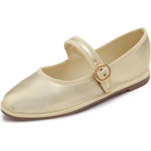 image:imageFEVERSOLE Womens Soft Classic Mary Jane Memory Foam Cushioned Comfort Round Toe Metal Buckle Flats Walking ShoesGold Vegan Leather Mary Jane With Round Buckle