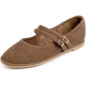 image:imageFEVERSOLE Womens Soft Classic Mary Jane Memory Foam Cushioned Comfort Round Toe Metal Buckle Flats Walking ShoesLight Brown Corduroy Mary Jane With Double Straps