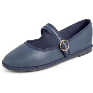 image:imageFEVERSOLE Womens Soft Classic Mary Jane Memory Foam Cushioned Comfort Round Toe Metal Buckle Flats Walking ShoesNavy Vegan Leather Mary Jane With Round Buckle