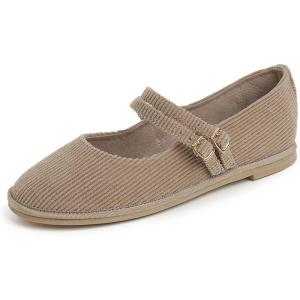 image:imageFEVERSOLE Womens Soft Classic Mary Jane Memory Foam Cushioned Comfort Round Toe Metal Buckle Flats Walking ShoesTaupe Corduroy Mary Jane With Double Straps