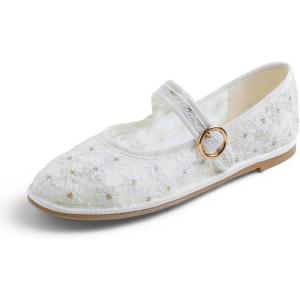 image:imageFEVERSOLE Womens Soft Classic Mary Jane Memory Foam Cushioned Comfort Round Toe Metal Buckle Flats Walking ShoesWhite Lace Flower Mary Jane With Round Buckle