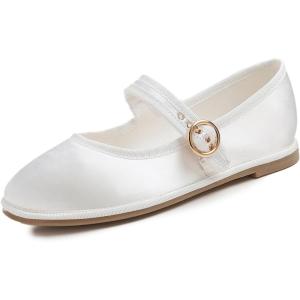 image:imageFEVERSOLE Womens Soft Classic Mary Jane Memory Foam Cushioned Comfort Round Toe Metal Buckle Flats Walking ShoesWhite Satin Mary Jane With Round Buckle