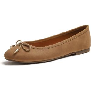 image:imageFEVERSOLE Womens Soft Cushion Comfort Round Toe Metal Trim Fashion Ballet Flats Walking ShoesCamel Brown Nubuck Vegan Leather