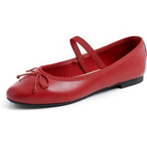 image:imageFEVERSOLE Womens Soft Cushion Padded Comfort Round Toe Mary Jane Elastic Fashion Ballet Flats Walking ShoesRed Vegan Leather Mary Jane With Canvas Lining