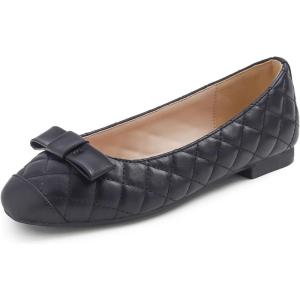 image:imageFEVERSOLE Womens Square Toe Fashion Bow Tie Dress Slip On Ballet FlatsBlack Quilted Toe Cap