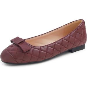 image:imageFEVERSOLE Womens Square Toe Fashion Bow Tie Dress Slip On Ballet FlatsBurgundy Quilted Toe Cap