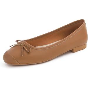 image:imageFEVERSOLE Womens Square Toe Fashion Bow Tie Dress Slip On Ballet FlatsCamel Plain Toe Cap
