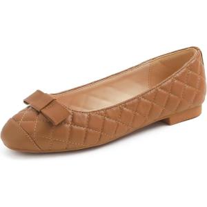 image:imageFEVERSOLE Womens Square Toe Fashion Bow Tie Dress Slip On Ballet FlatsCamel Quilted Toe Cap