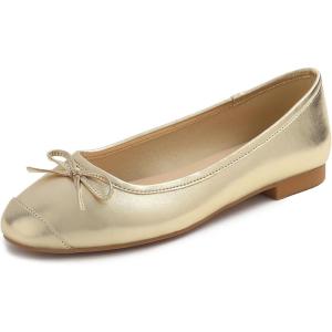 image:imageFEVERSOLE Womens Square Toe Fashion Bow Tie Dress Slip On Ballet FlatsGold Plain Toe Cap