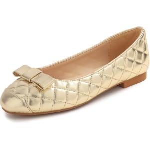 image:imageFEVERSOLE Womens Square Toe Fashion Bow Tie Dress Slip On Ballet FlatsGold Quilted Toe Cap